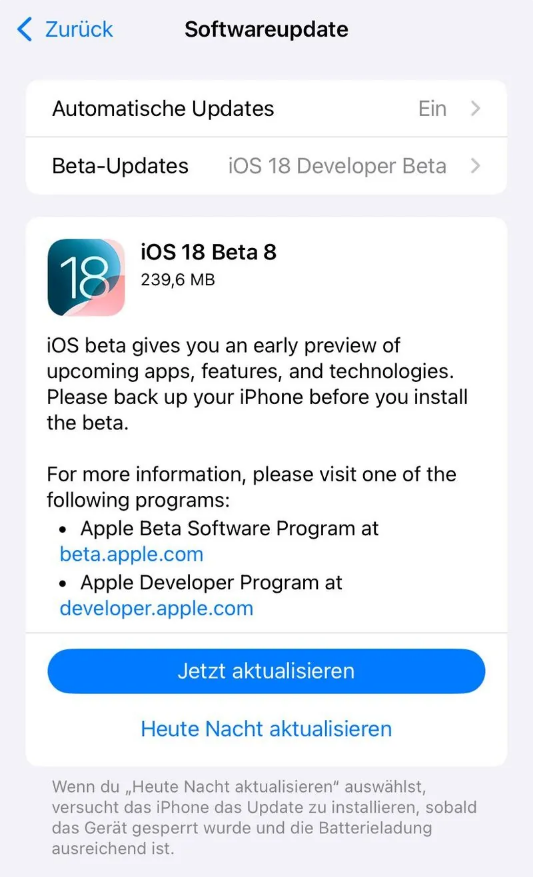 中原镇苹果手机维修分享苹果 iOS / iPadOS 18 开发者预览版 Beta 8 发布 
